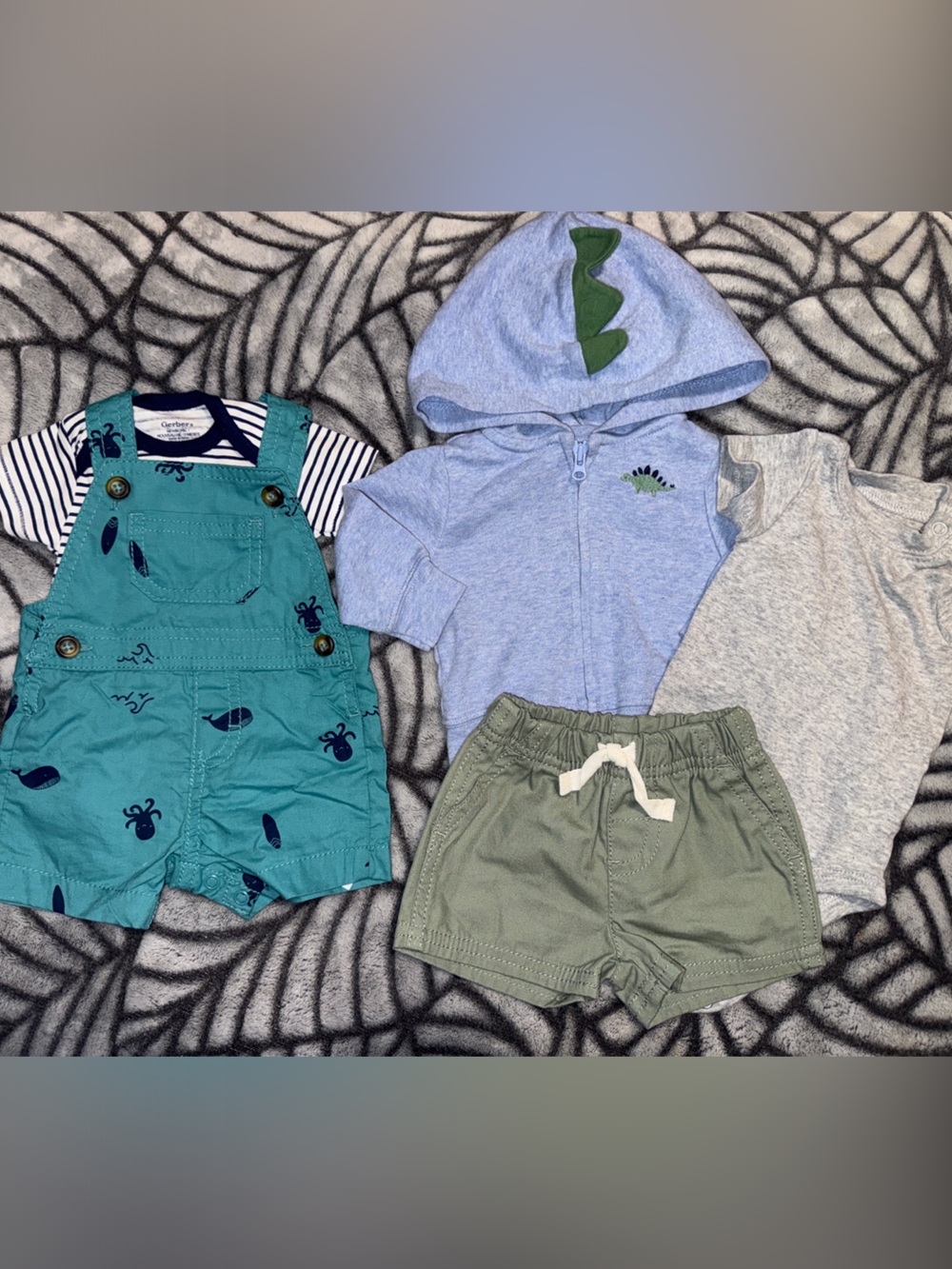 Newborn Baby Bundle of 2 Summer Outfits - Dino Hood + Whale Overalls, EUC
